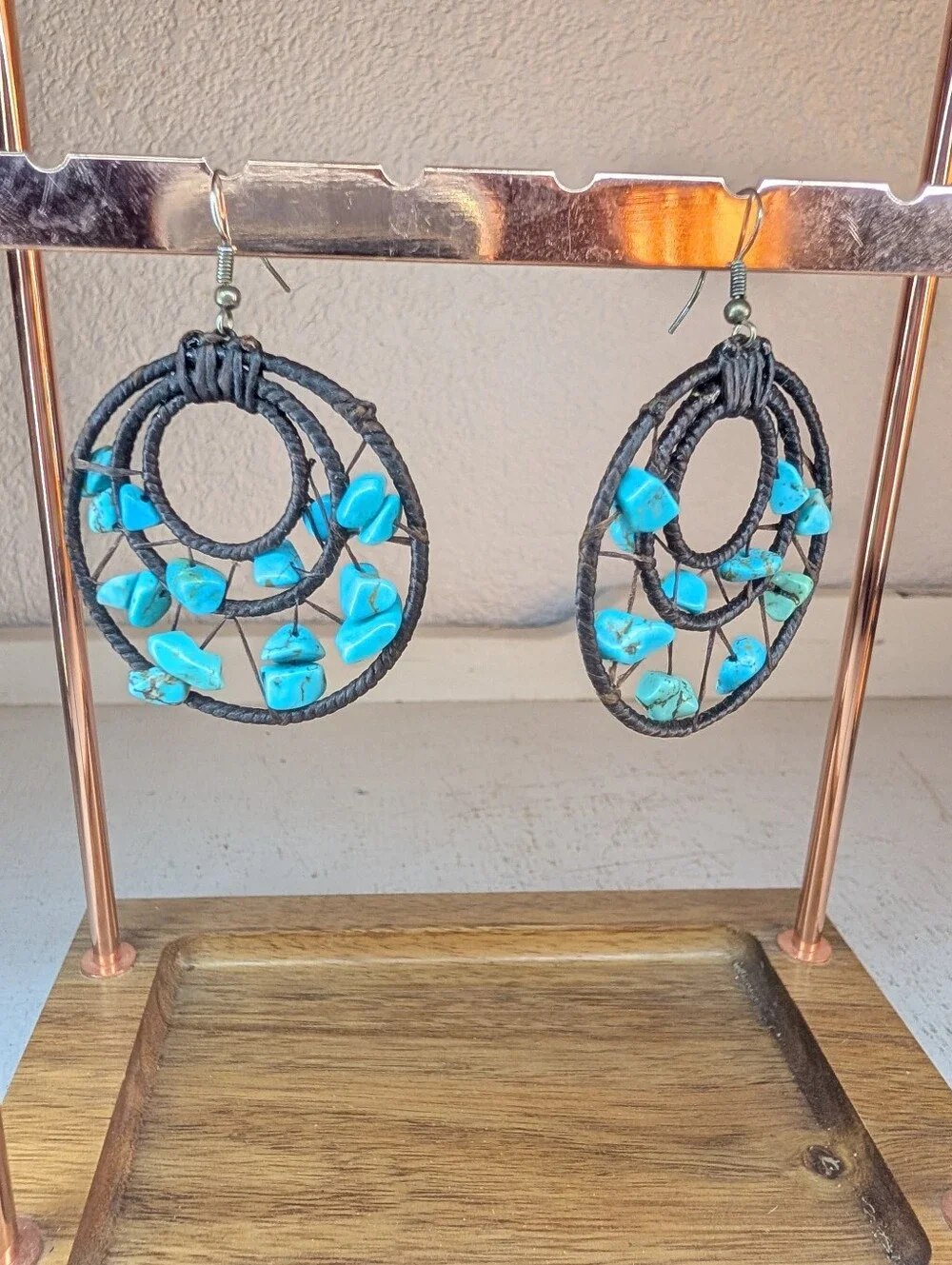Turquoise Southwestern Boho Handmade Circular Dangle Earrings Wire Wrapped